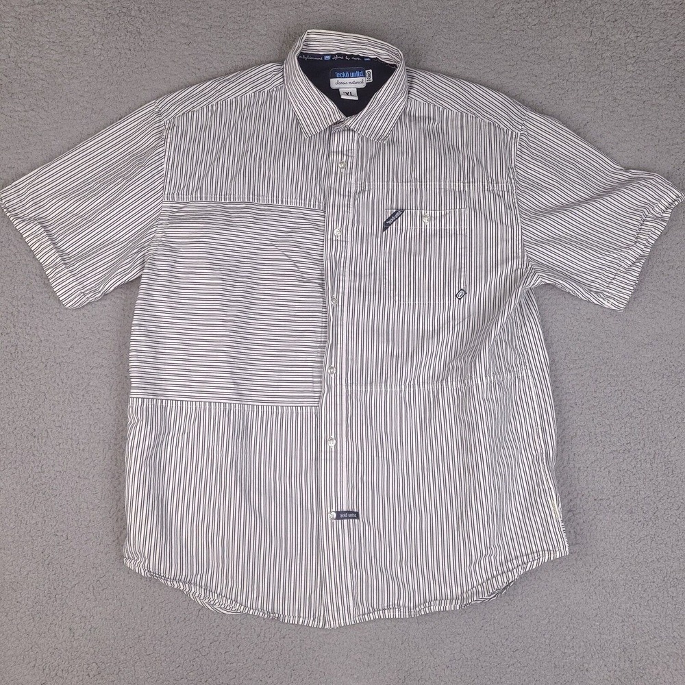 Ecko Unltd Shirt Mens XL White Striped Button Down Classic Material Short Sleeve